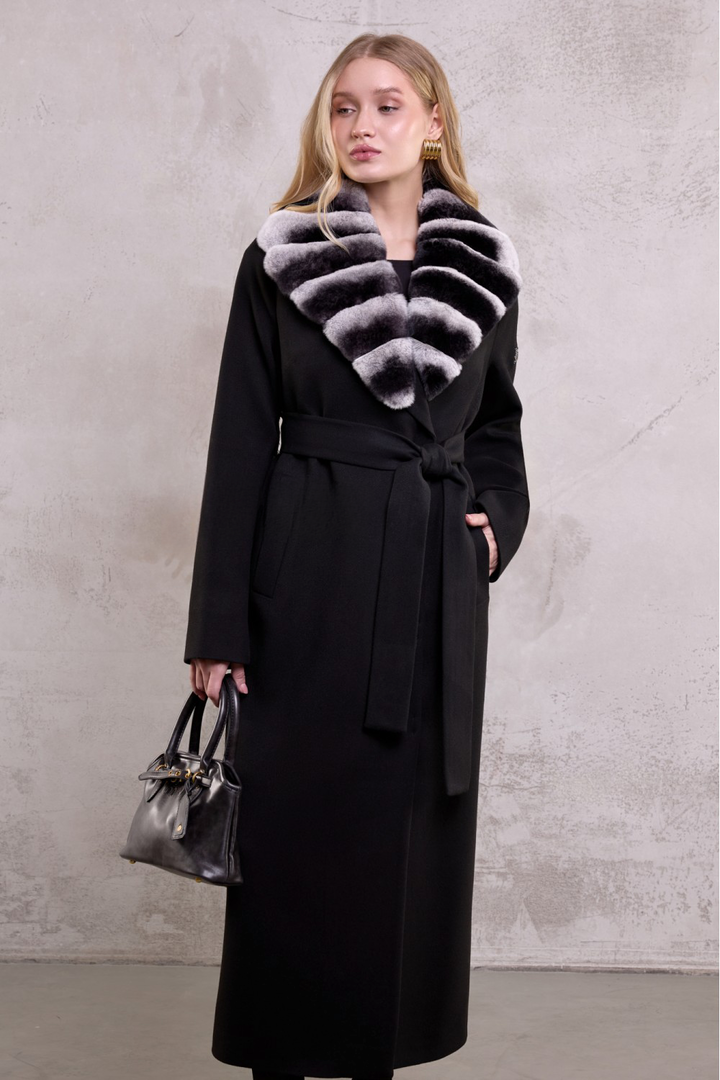 Woman wearing a refined black wool coat with luxurious chinchilla-shade rex rabbit fur collar for a modern, elegant look.