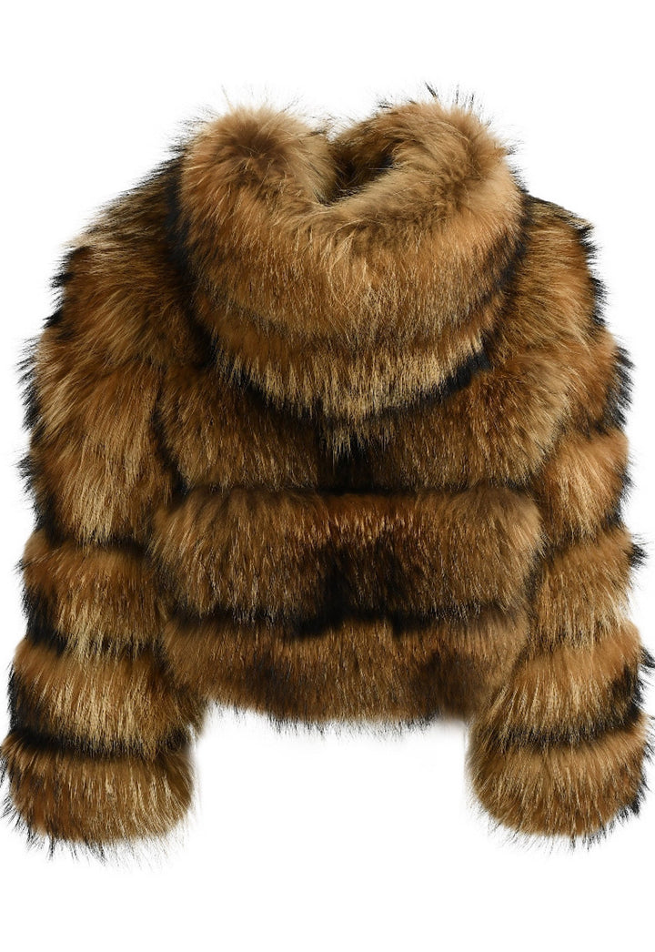 Expertly made hooded raccoon fur coat showcasing thick, plush fur arranged in horizontal panels, perfect for enduring harsh winter and arctic weather conditions.