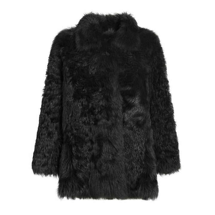 Black shearling coat from the Curve Collection, crafted from thick, soft premium shearling for exceptional warmth and a flattering fit for fuller figures.