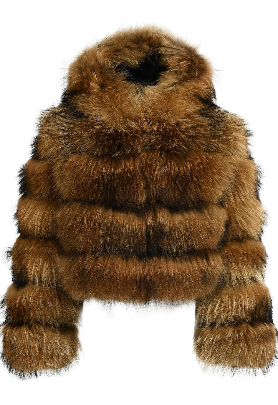 Luxurious raccoon fur coat with a dense, structured look created by horizontal panels and an oversized hood, designed to withstand extreme cold down to -25ºC.
