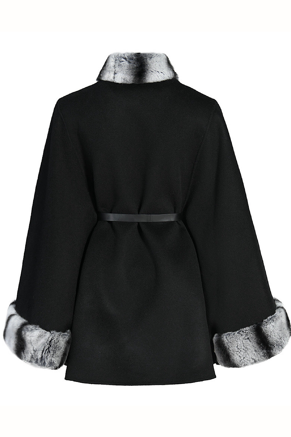 Timeless plus-size cashmere cape designed to enhance fuller figures, complete with a rex rabbit fur collar and adjustable leather belt.