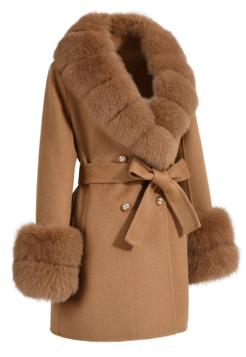 This short camel cashmere coat with plush fox fur trim and gold buttons adds a touch of sophistication to a woman's wardrobe, ideal for both formal and casual occasions.